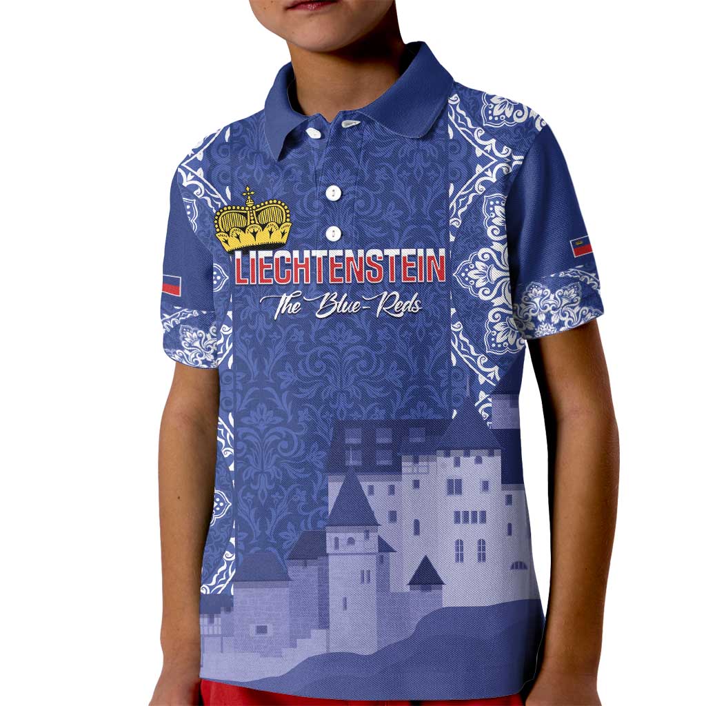 Custom Liechtenstein Football Kid Polo Shirt Go Blue-Reds Gutenberg Castle