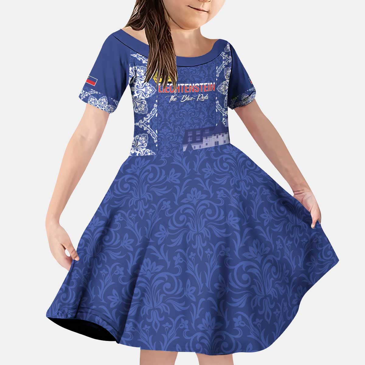 Custom Liechtenstein Football Kid Short Sleeve Dress Go Blue-Reds Gutenberg Castle