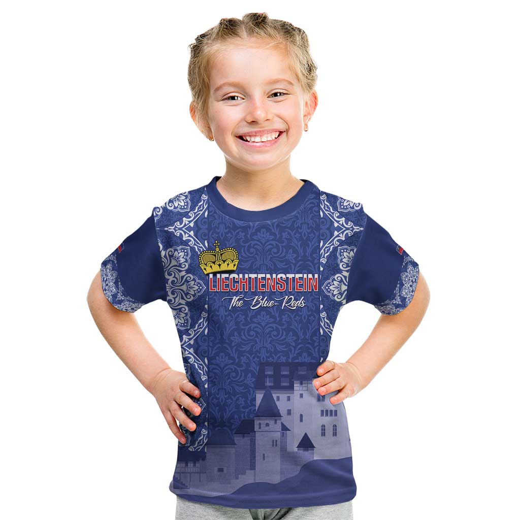 Custom Liechtenstein Football Kid T Shirt Go Blue-Reds Gutenberg Castle