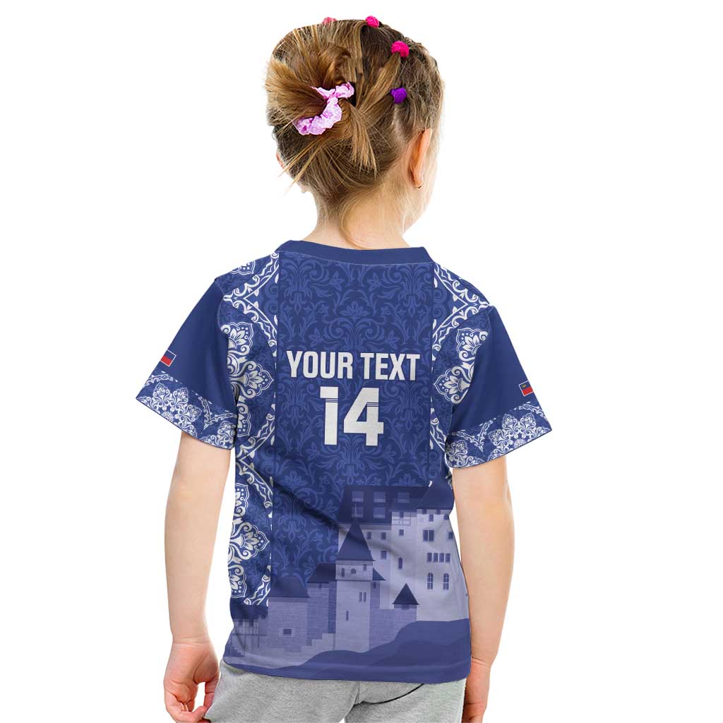 Custom Liechtenstein Football Kid T Shirt Go Blue-Reds Gutenberg Castle