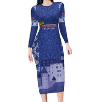 Custom Liechtenstein Football Long Sleeve Bodycon Dress Go Blue-Reds Gutenberg Castle