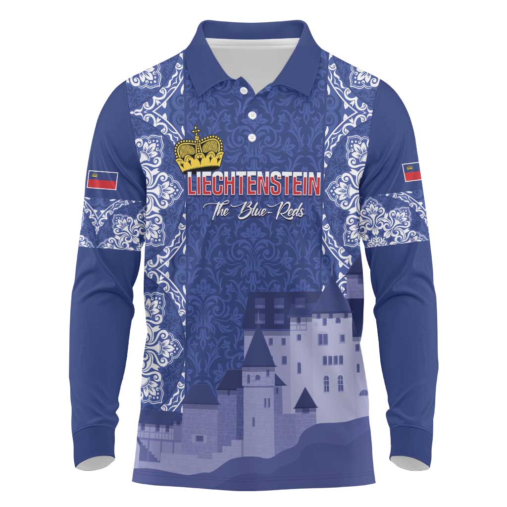 Custom Liechtenstein Football Long Sleeve Polo Shirt Go Blue-Reds Gutenberg Castle