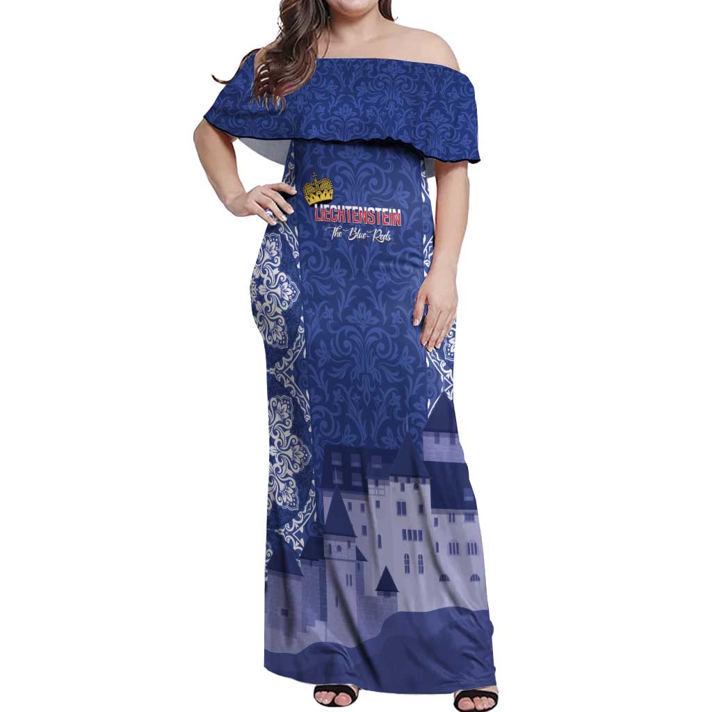 Custom Liechtenstein Football Off Shoulder Maxi Dress Go Blue-Reds Gutenberg Castle