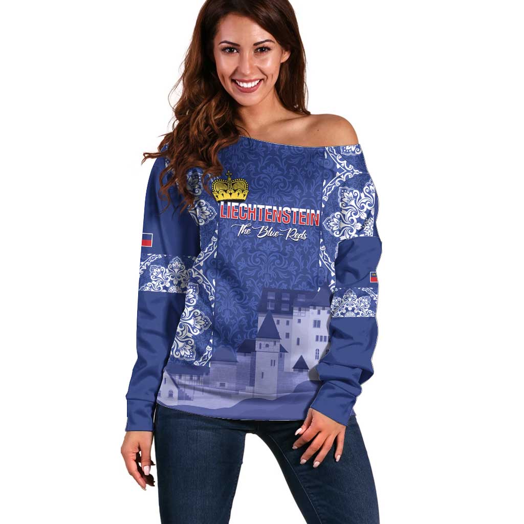 Custom Liechtenstein Football Off Shoulder Sweater Go Blue-Reds Gutenberg Castle
