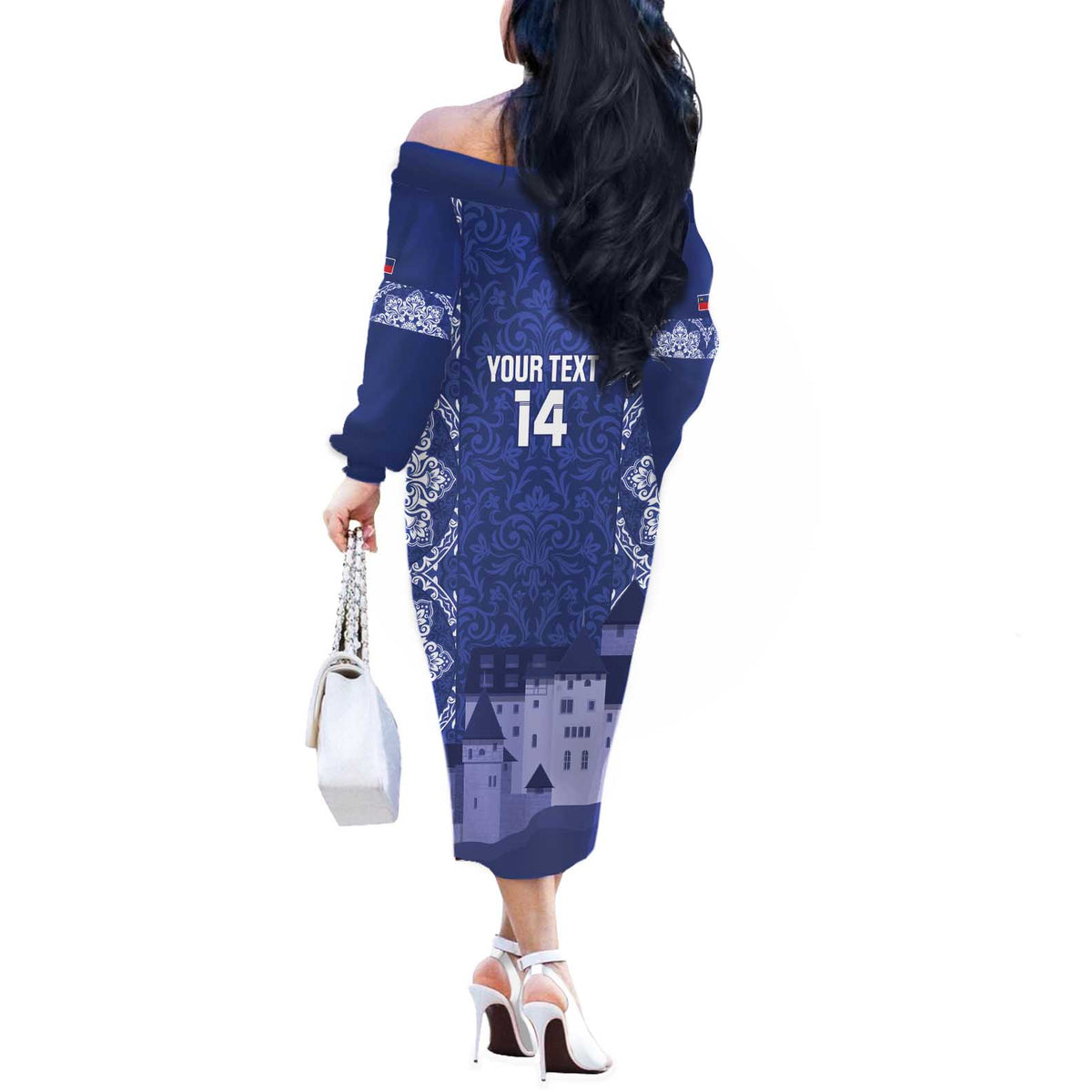 Custom Liechtenstein Football Off The Shoulder Long Sleeve Dress Go Blue-Reds Gutenberg Castle