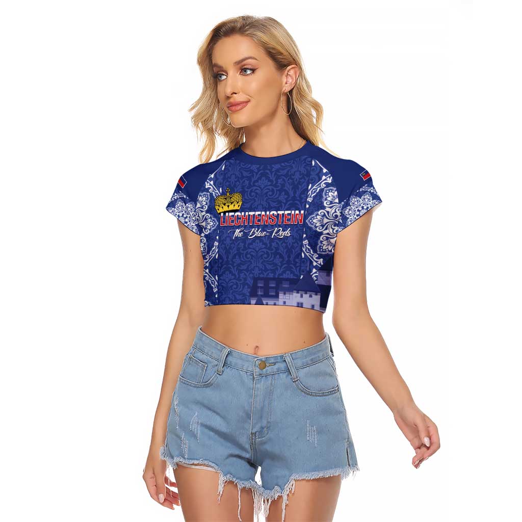 Custom Liechtenstein Football Raglan Cropped T Shirt Go Blue-Reds Gutenberg Castle