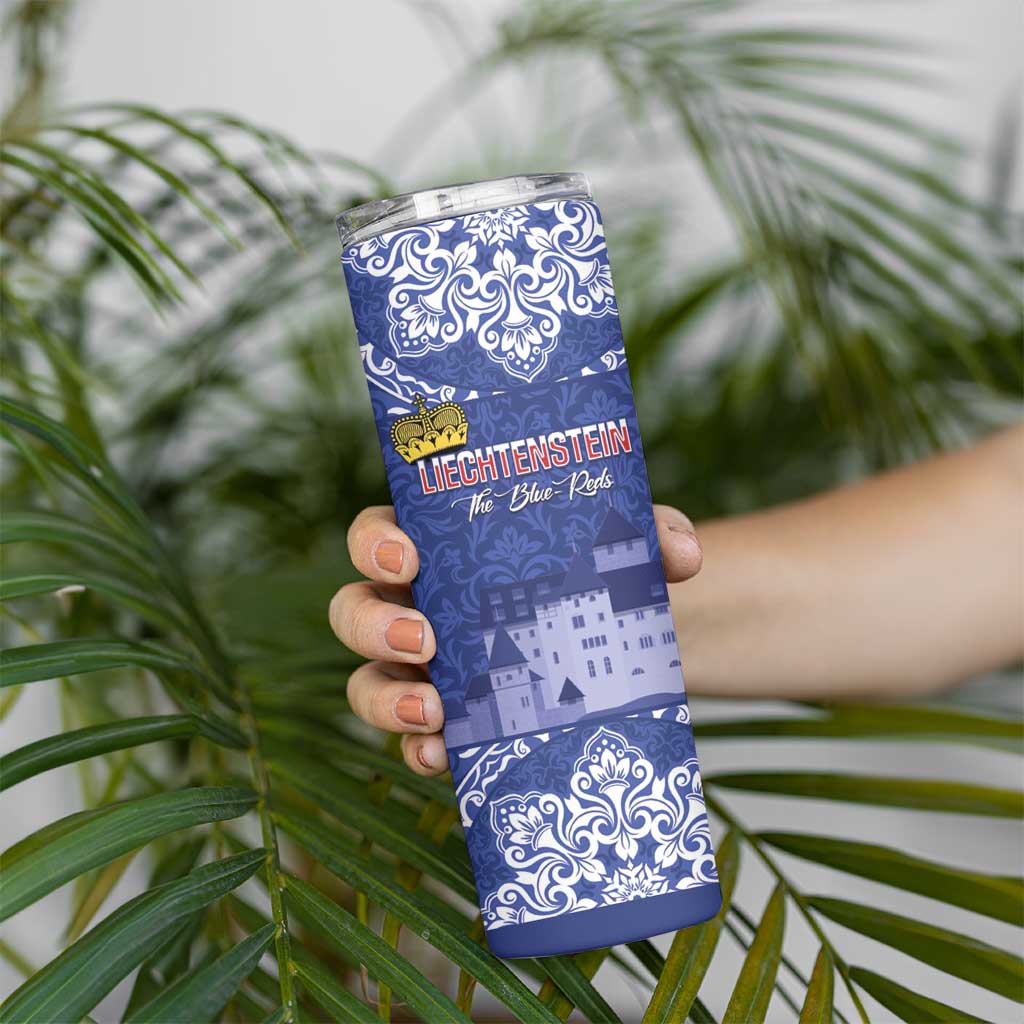 Custom Liechtenstein Football Skinny Tumbler Go Blue-Reds Gutenberg Castle