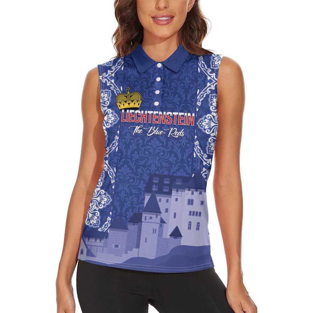 Custom Liechtenstein Football Women Sleeveless Polo Shirt Go Blue-Reds Gutenberg Castle