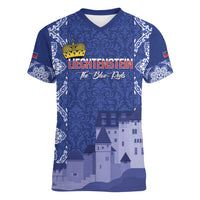 Custom Liechtenstein Football Women V-Neck T-Shirt Go Blue-Reds Gutenberg Castle