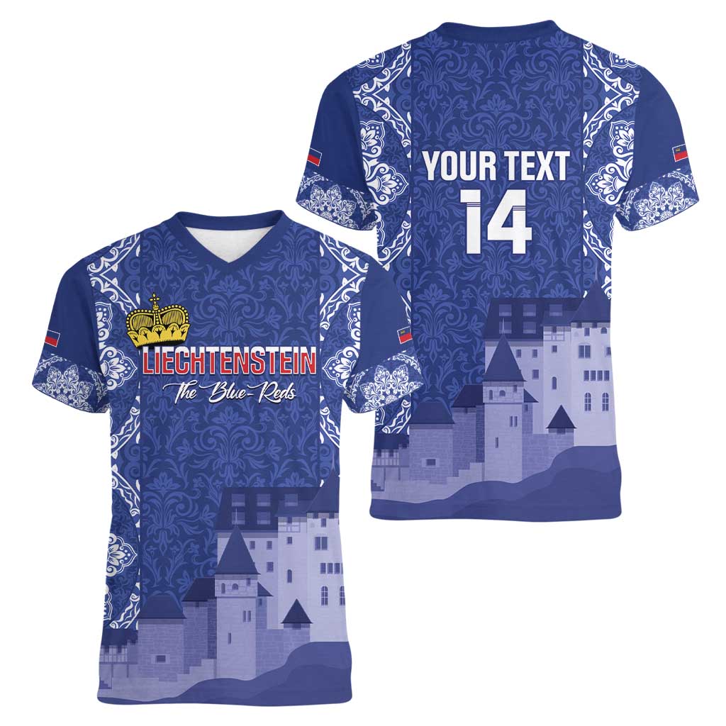 Custom Liechtenstein Football Women V-Neck T-Shirt Go Blue-Reds Gutenberg Castle