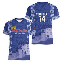 Custom Liechtenstein Football Women V-Neck T-Shirt Go Blue-Reds Gutenberg Castle