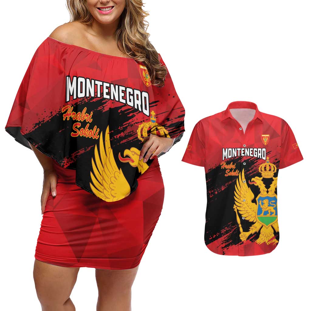 Custom Montenegro Football Couples Matching Off Shoulder Short Dress and Hawaiian Shirt Hrabri Sokoli Grunge Style