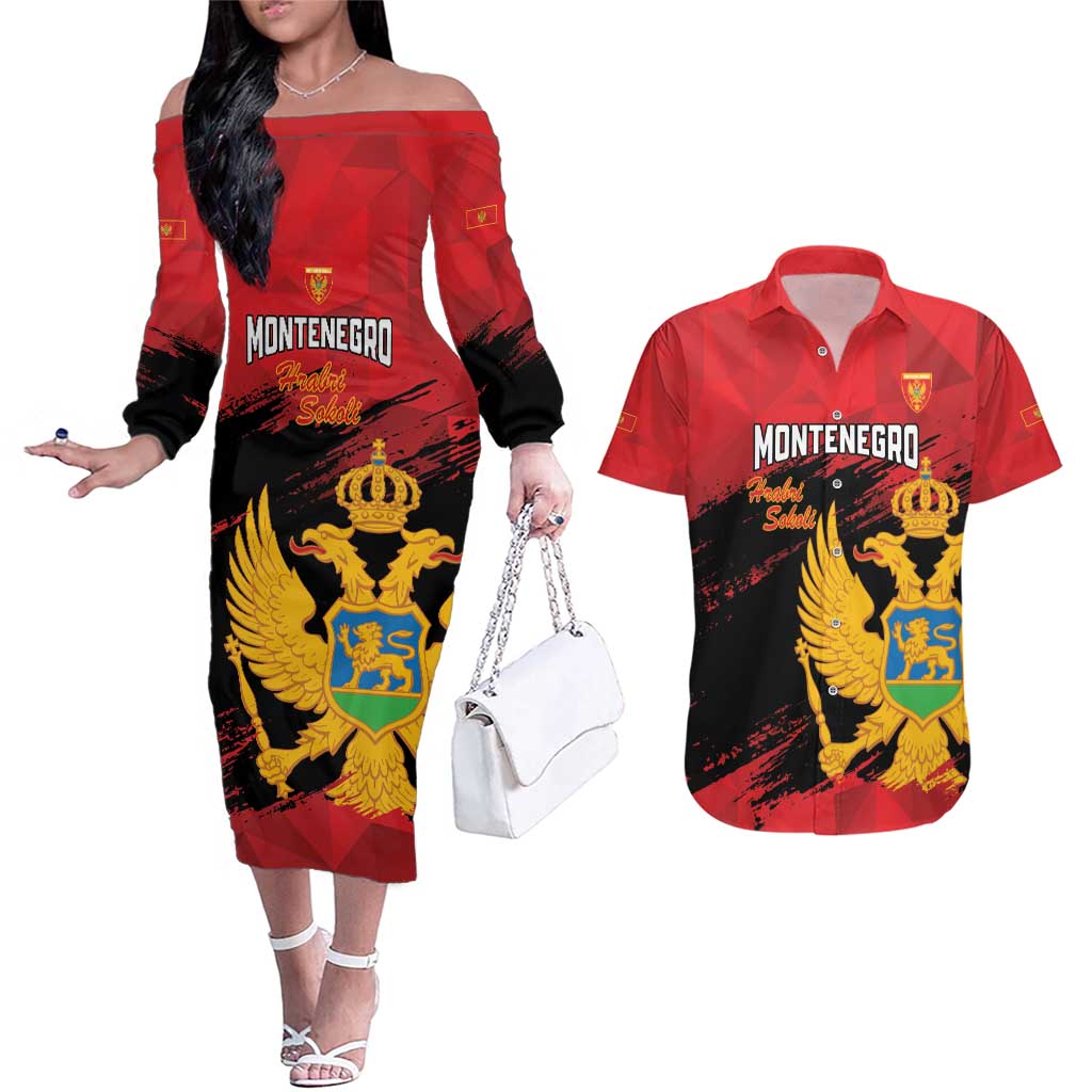 Custom Montenegro Football Couples Matching Off The Shoulder Long Sleeve Dress and Hawaiian Shirt Hrabri Sokoli Grunge Style