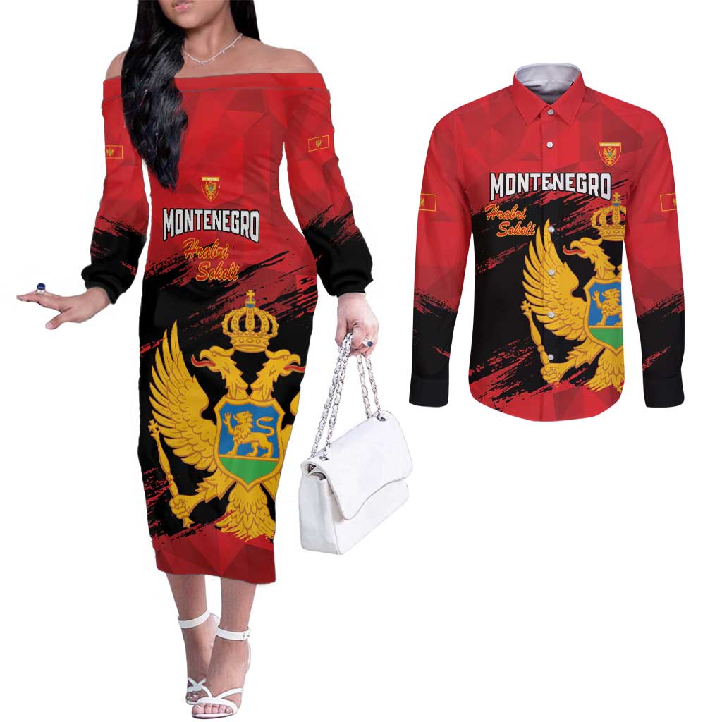 Custom Montenegro Football Couples Matching Off The Shoulder Long Sleeve Dress and Long Sleeve Button Shirt Hrabri Sokoli Grunge Style