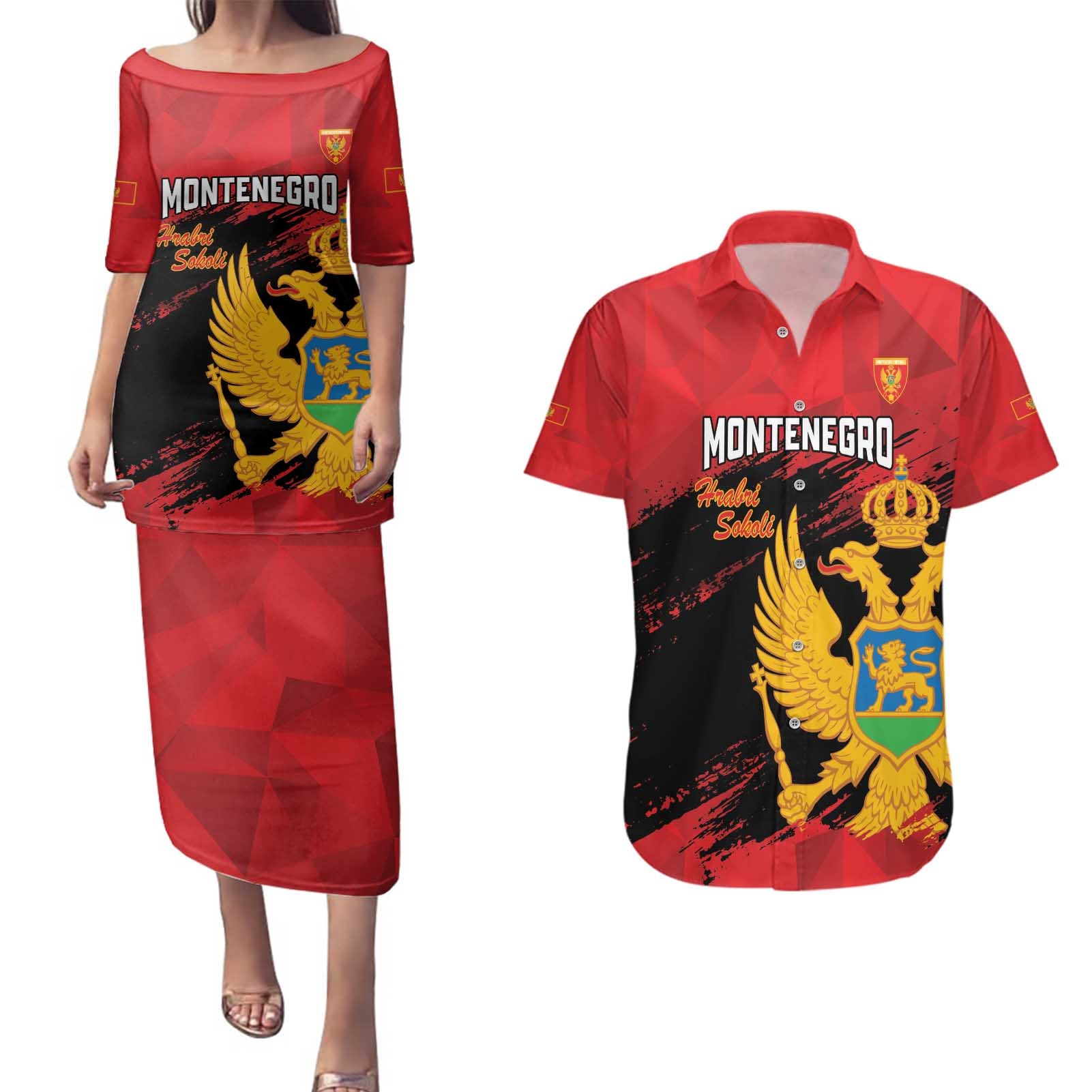 Custom Montenegro Football Couples Matching Puletasi and Hawaiian Shirt Hrabri Sokoli Grunge Style