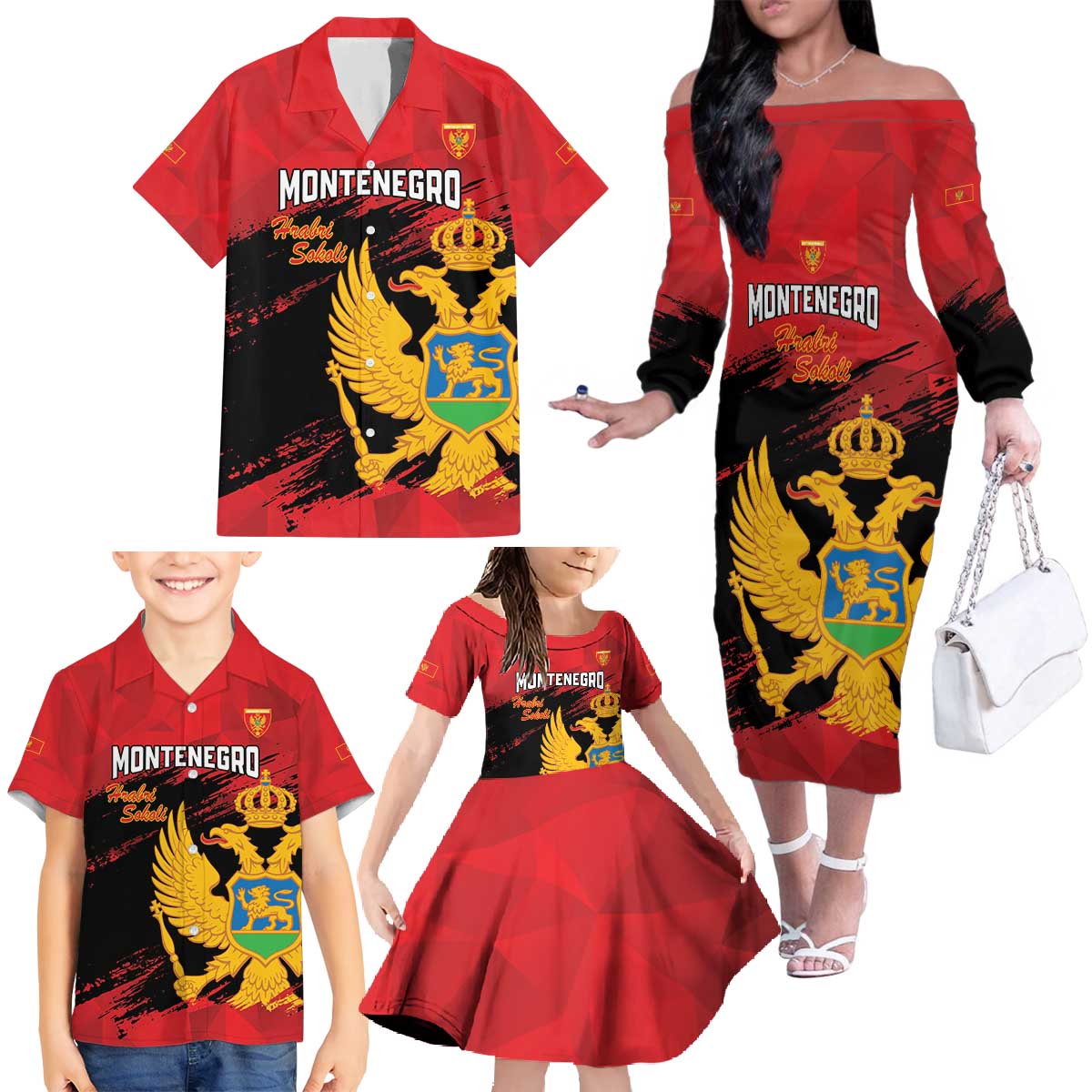 Custom Montenegro Football Family Matching Off The Shoulder Long Sleeve Dress and Hawaiian Shirt Hrabri Sokoli Grunge Style