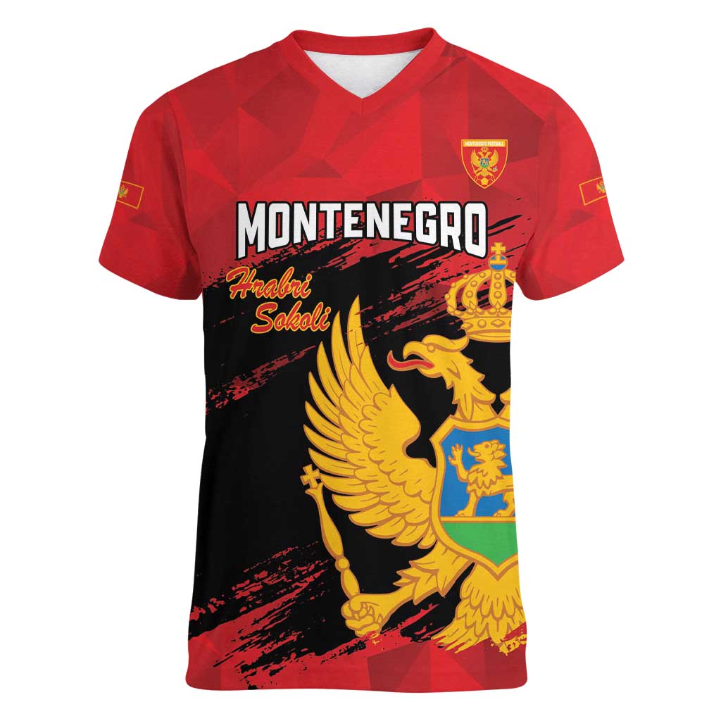 Custom Montenegro Football Women V-Neck T-Shirt Hrabri Sokoli Grunge Style