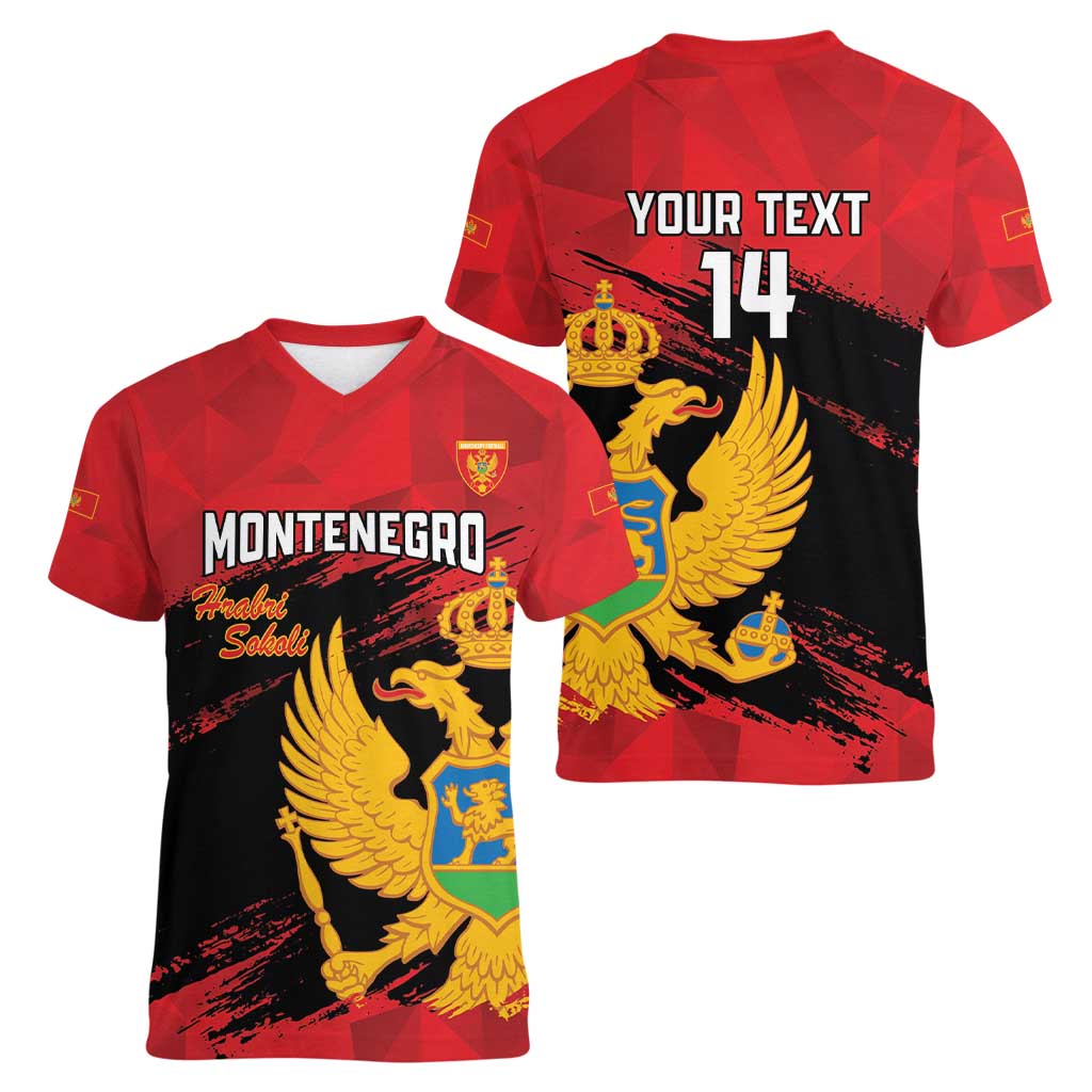 Custom Montenegro Football Women V-Neck T-Shirt Hrabri Sokoli Grunge Style