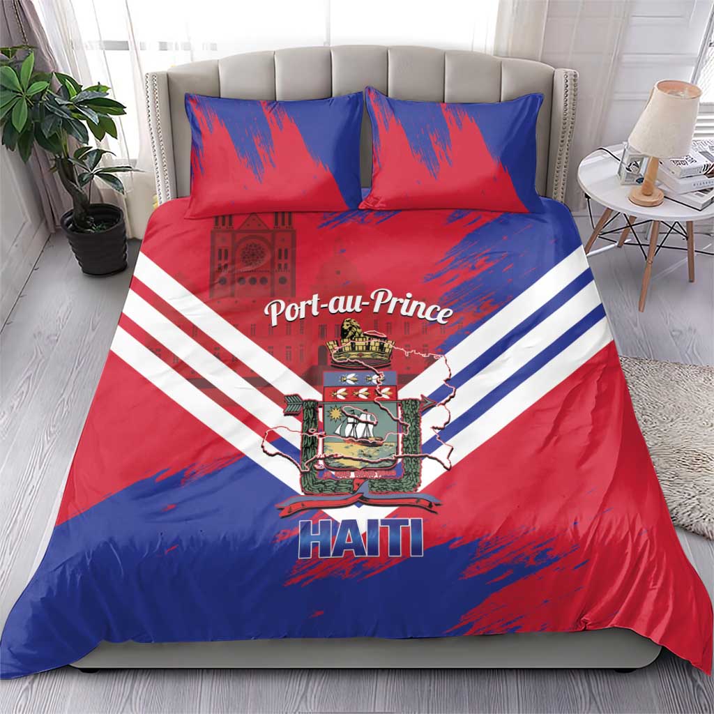 Port-au-Prince Haiti Bedding Set Potoprens Coat of arms Grunge Vibes