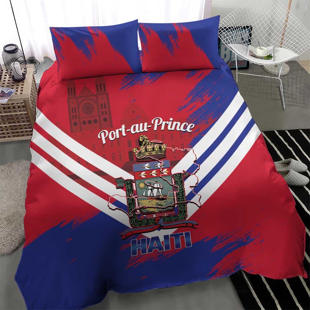 Port-au-Prince Haiti Bedding Set Potoprens Coat of arms Grunge Vibes