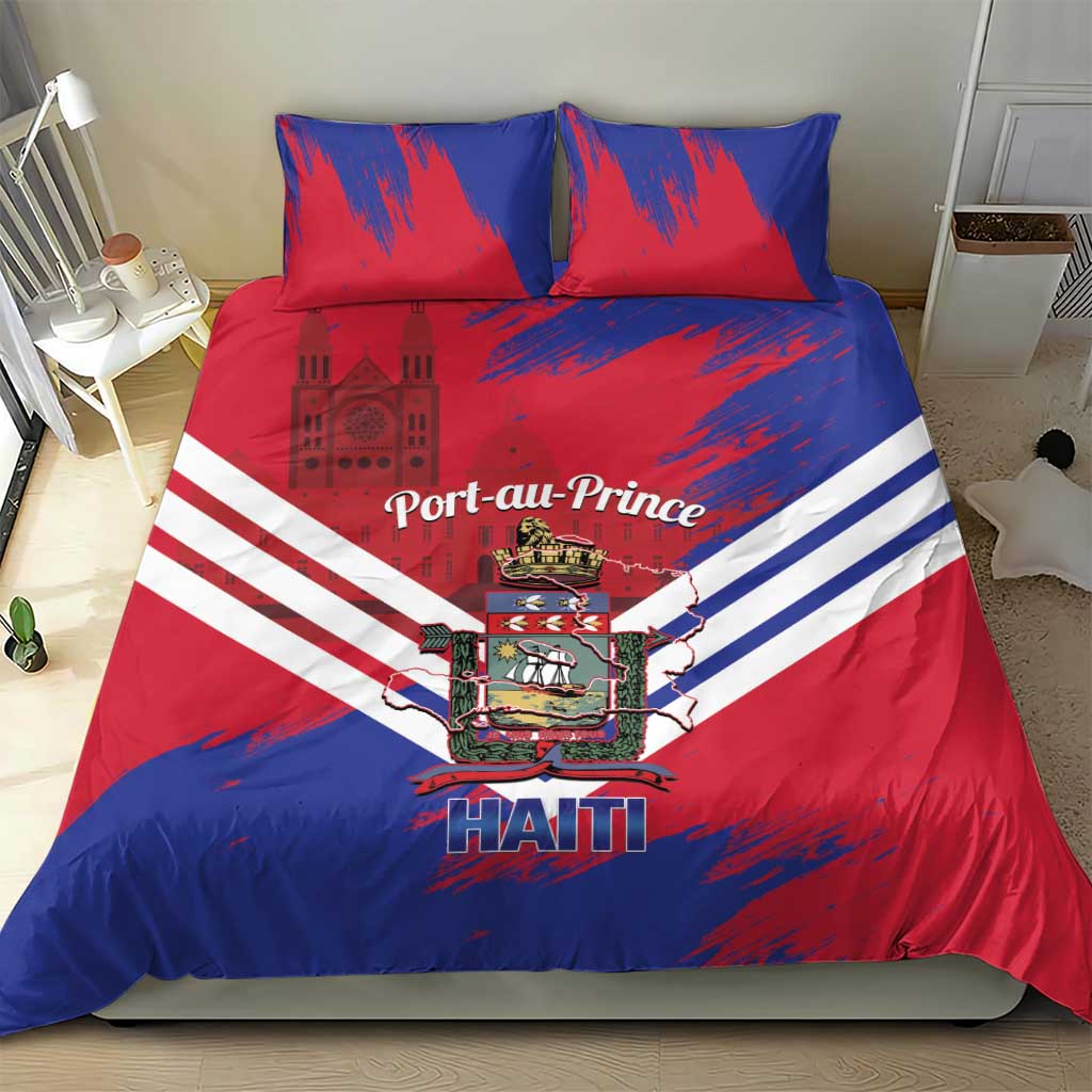 Port-au-Prince Haiti Bedding Set Potoprens Coat of arms Grunge Vibes