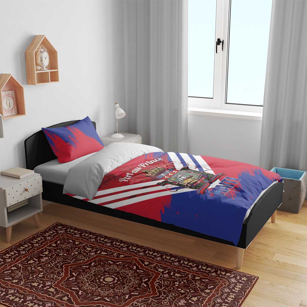 Port-au-Prince Haiti Bedding Set Potoprens Coat of arms Grunge Vibes