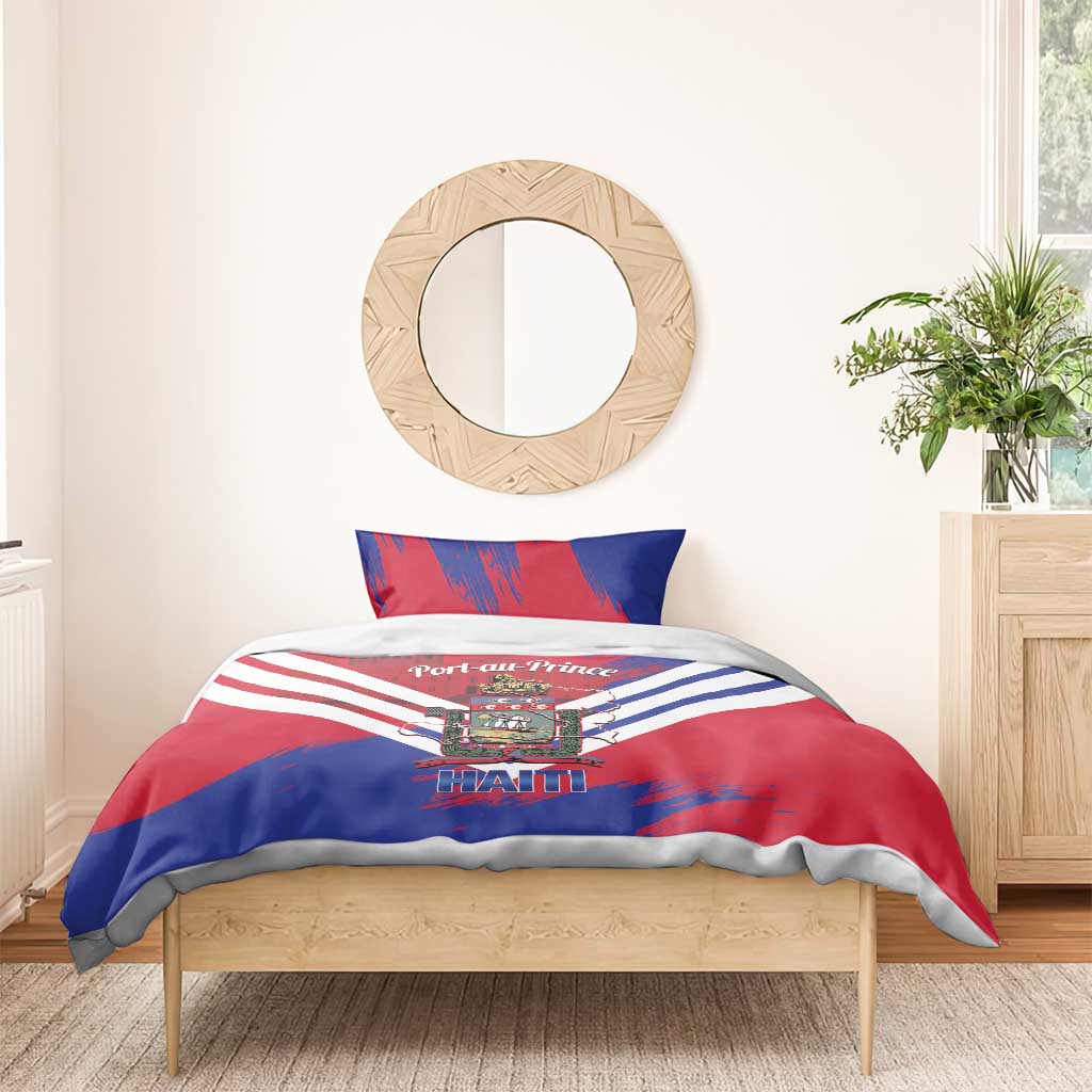 Port-au-Prince Haiti Bedding Set Potoprens Coat of arms Grunge Vibes