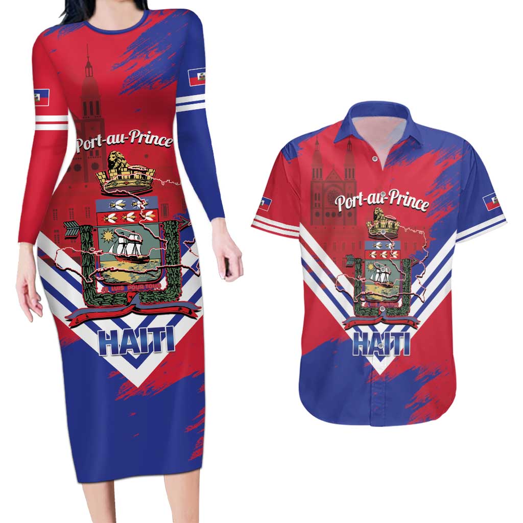 Port-au-Prince Haiti Couples Matching Long Sleeve Bodycon Dress and Hawaiian Shirt Potoprens Coat of arms Grunge Vibes