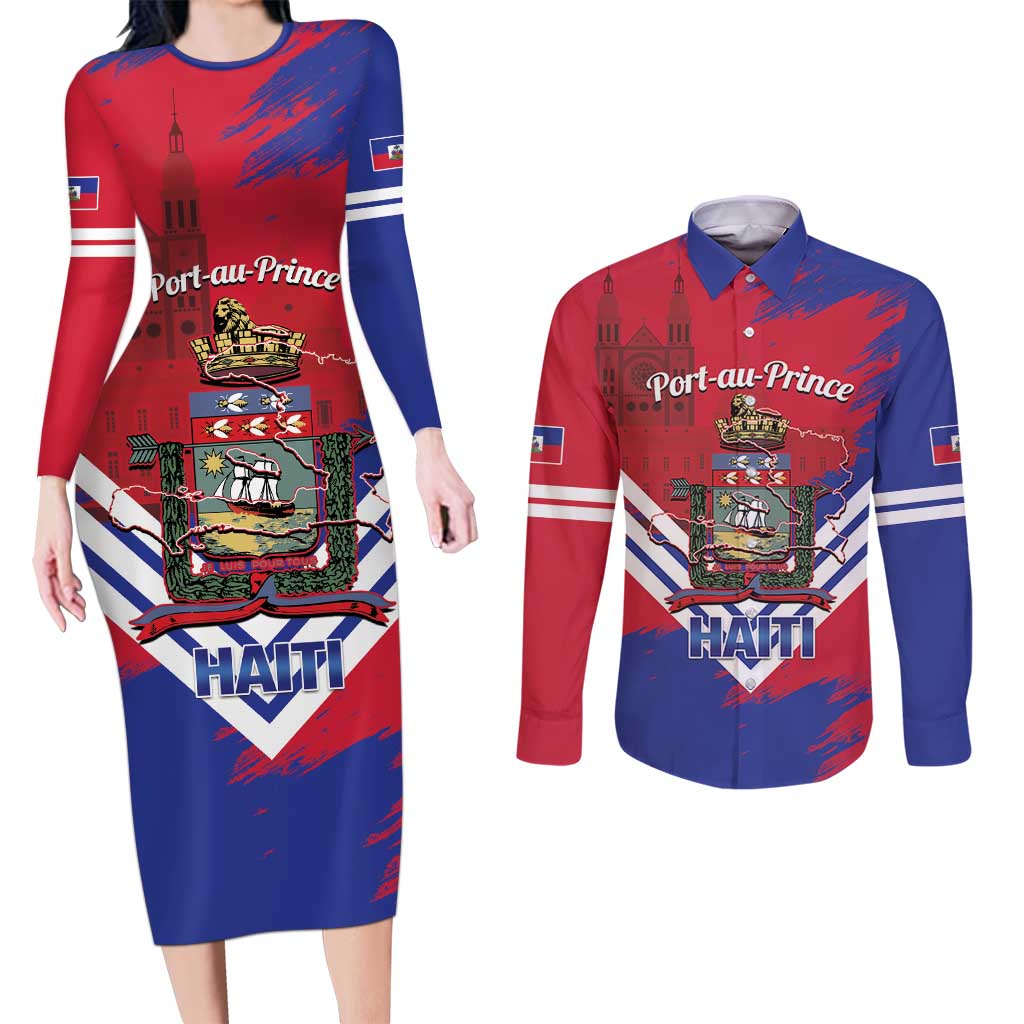 Port-au-Prince Haiti Couples Matching Long Sleeve Bodycon Dress and Long Sleeve Button Shirt Potoprens Coat of arms Grunge Vibes