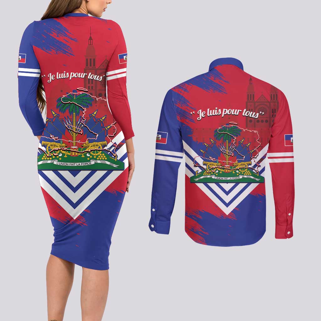 Port-au-Prince Haiti Couples Matching Long Sleeve Bodycon Dress and Long Sleeve Button Shirt Potoprens Coat of arms Grunge Vibes