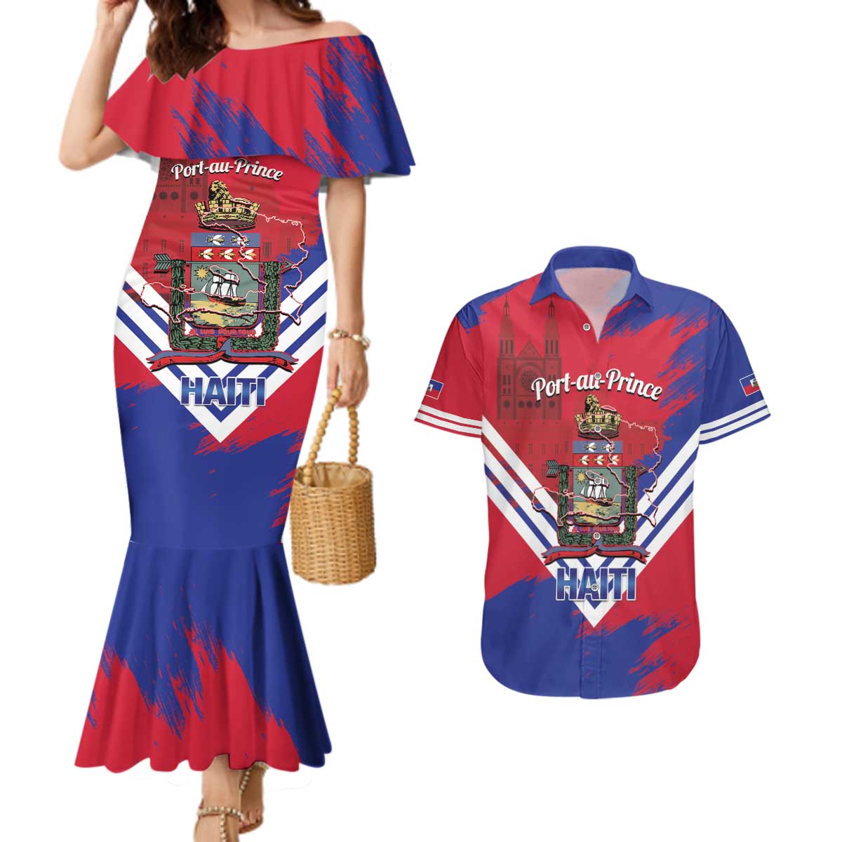 Port-au-Prince Haiti Couples Matching Mermaid Dress and Hawaiian Shirt Potoprens Coat of arms Grunge Vibes