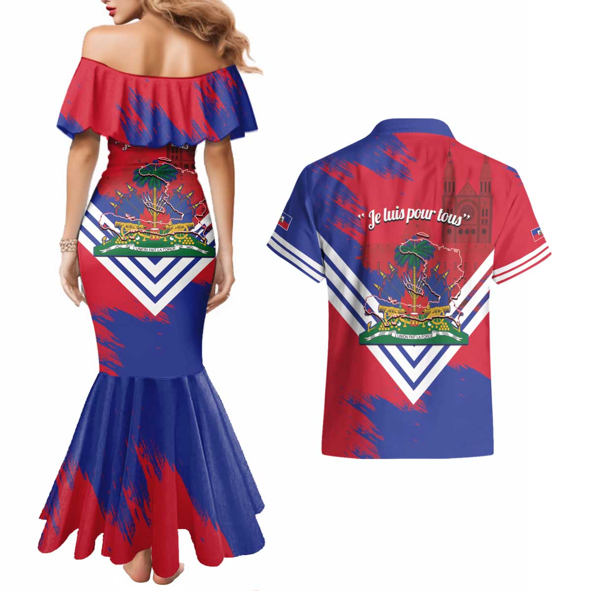 Port-au-Prince Haiti Couples Matching Mermaid Dress and Hawaiian Shirt Potoprens Coat of arms Grunge Vibes