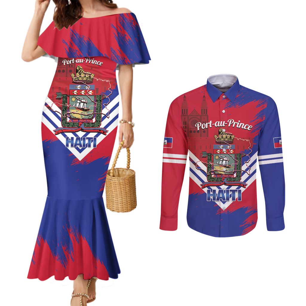 Port-au-Prince Haiti Couples Matching Mermaid Dress and Long Sleeve Button Shirt Potoprens Coat of arms Grunge Vibes