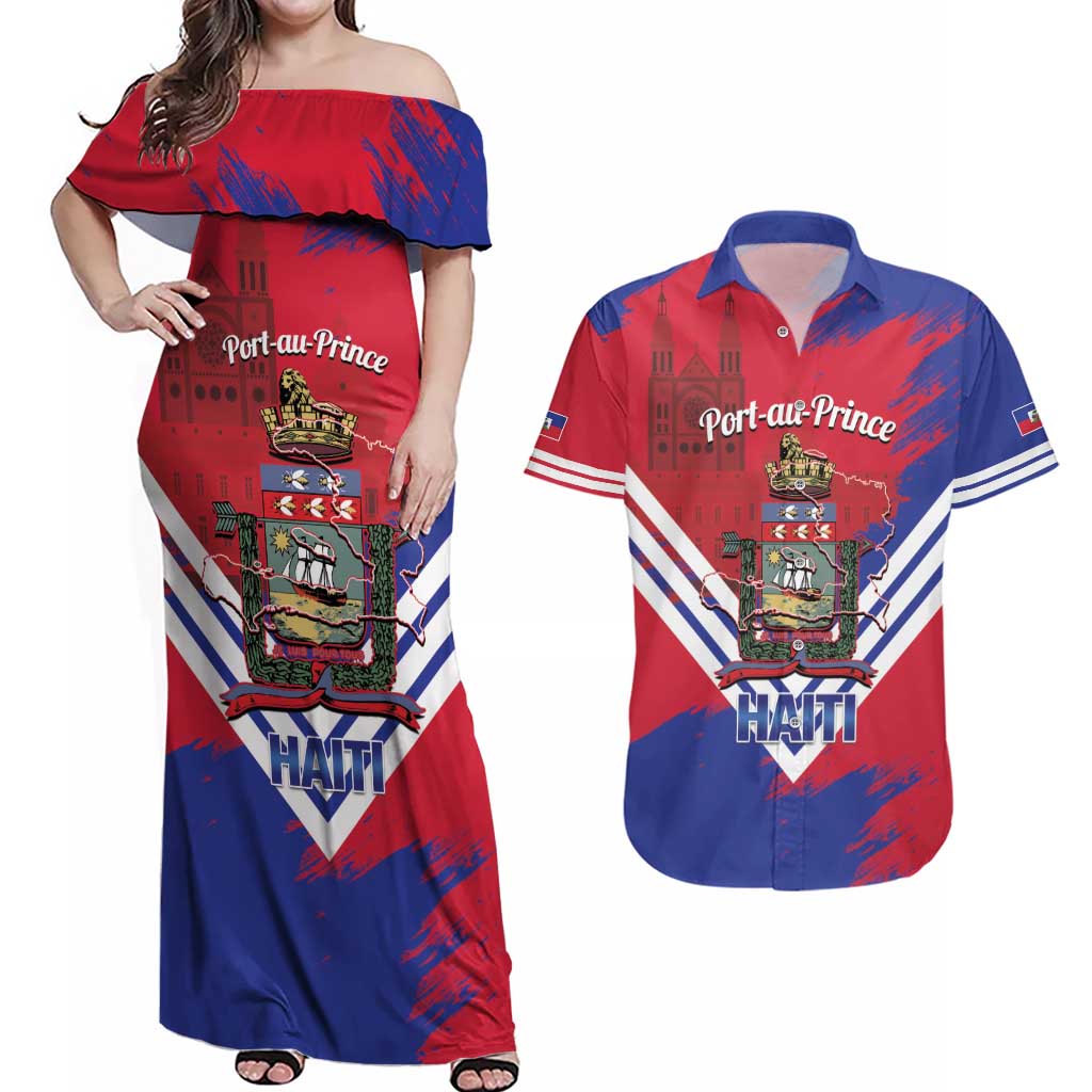 Port-au-Prince Haiti Couples Matching Off Shoulder Maxi Dress and Hawaiian Shirt Potoprens Coat of arms Grunge Vibes