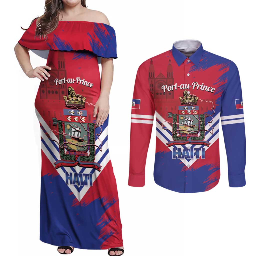 Port-au-Prince Haiti Couples Matching Off Shoulder Maxi Dress and Long Sleeve Button Shirt Potoprens Coat of arms Grunge Vibes