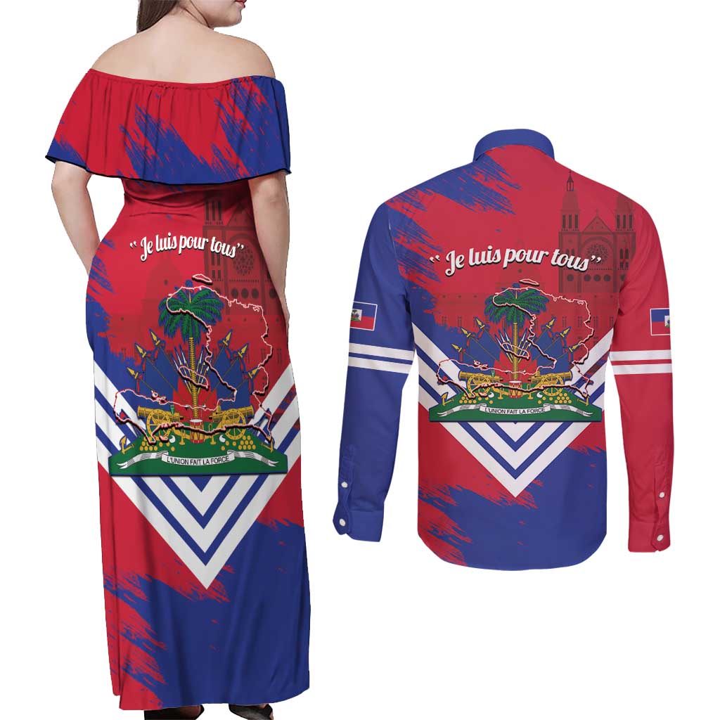 Port-au-Prince Haiti Couples Matching Off Shoulder Maxi Dress and Long Sleeve Button Shirt Potoprens Coat of arms Grunge Vibes