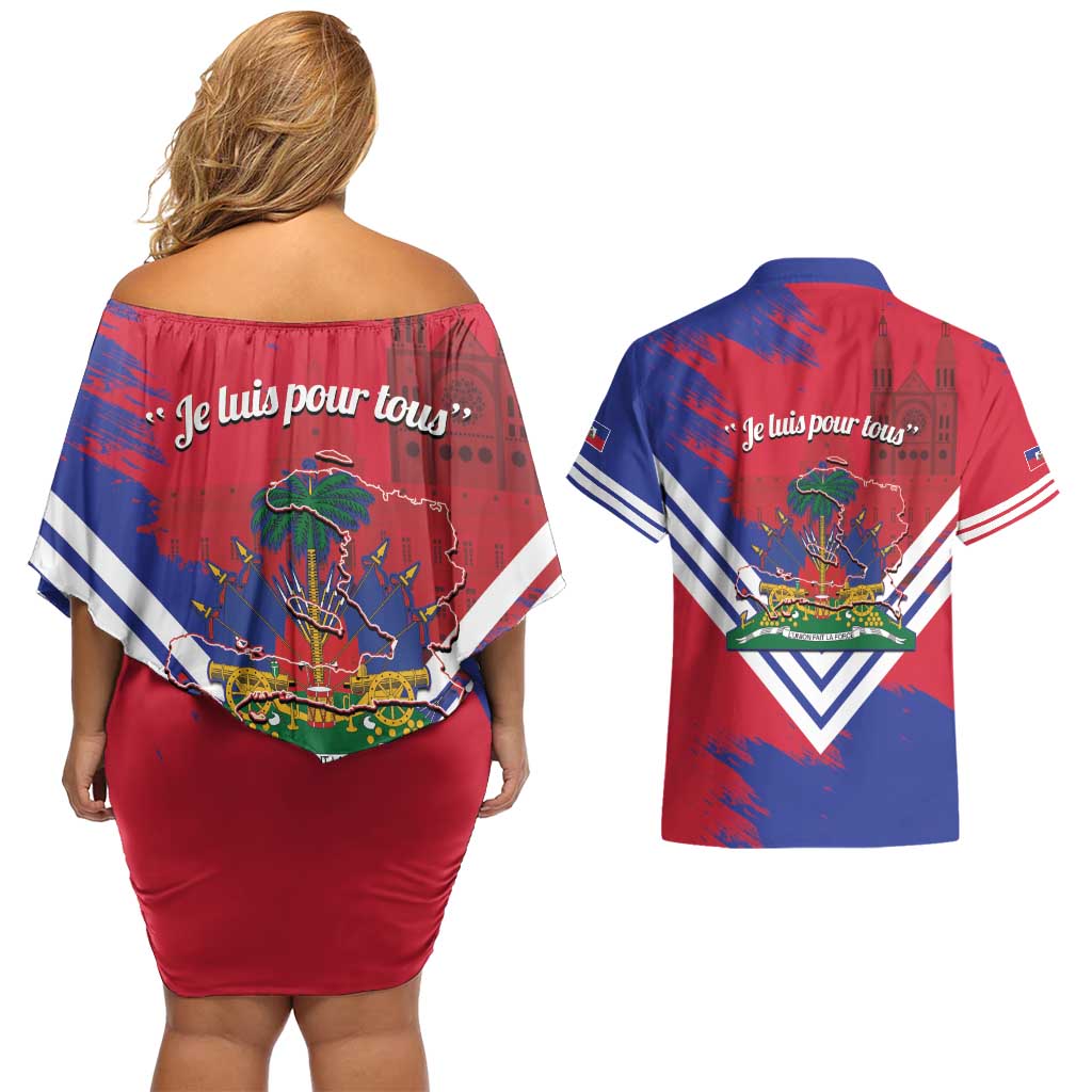 Port-au-Prince Haiti Couples Matching Off Shoulder Short Dress and Hawaiian Shirt Potoprens Coat of arms Grunge Vibes