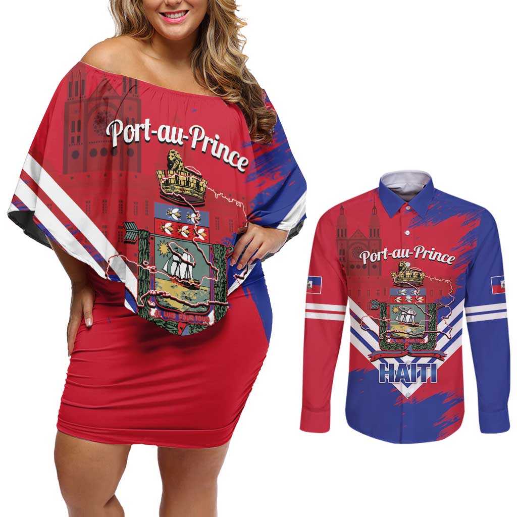 Port-au-Prince Haiti Couples Matching Off Shoulder Short Dress and Long Sleeve Button Shirt Potoprens Coat of arms Grunge Vibes