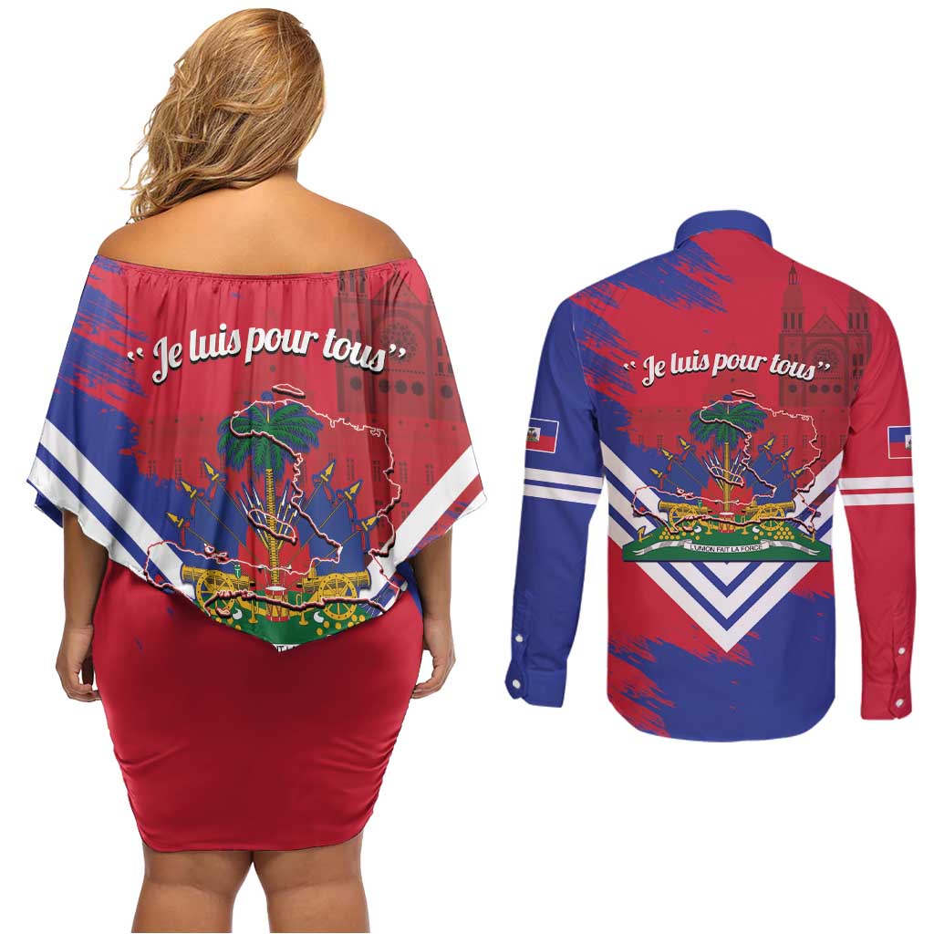 Port-au-Prince Haiti Couples Matching Off Shoulder Short Dress and Long Sleeve Button Shirt Potoprens Coat of arms Grunge Vibes