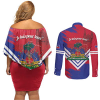 Port-au-Prince Haiti Couples Matching Off Shoulder Short Dress and Long Sleeve Button Shirt Potoprens Coat of arms Grunge Vibes