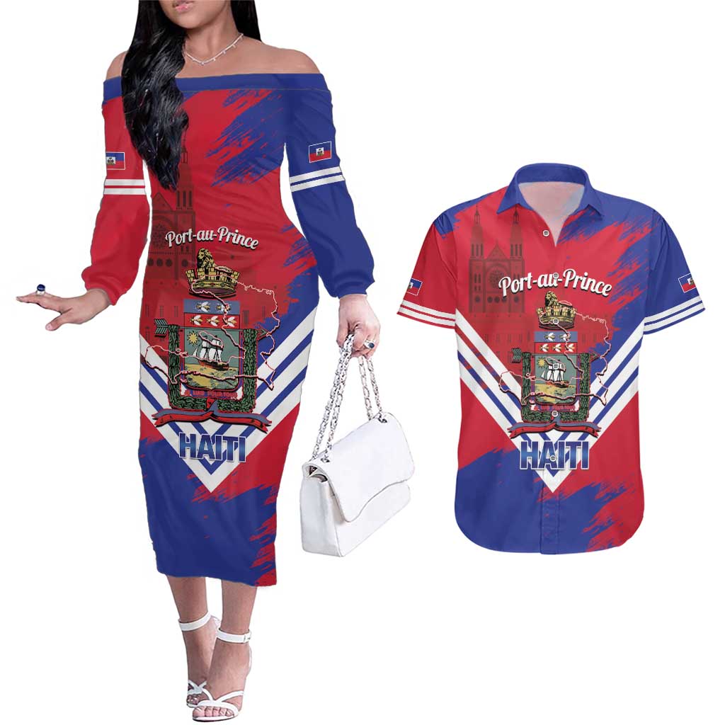 Port-au-Prince Haiti Couples Matching Off The Shoulder Long Sleeve Dress and Hawaiian Shirt Potoprens Coat of arms Grunge Vibes