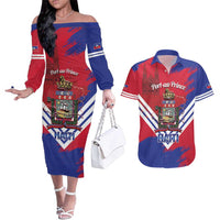 Port-au-Prince Haiti Couples Matching Off The Shoulder Long Sleeve Dress and Hawaiian Shirt Potoprens Coat of arms Grunge Vibes