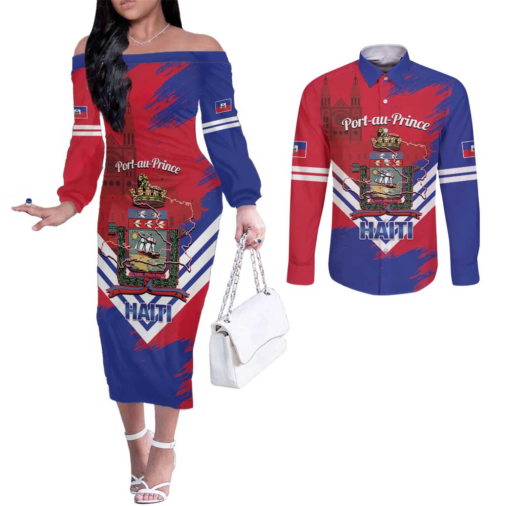 Port-au-Prince Haiti Couples Matching Off The Shoulder Long Sleeve Dress and Long Sleeve Button Shirt Potoprens Coat of arms Grunge Vibes