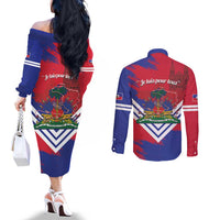 Port-au-Prince Haiti Couples Matching Off The Shoulder Long Sleeve Dress and Long Sleeve Button Shirt Potoprens Coat of arms Grunge Vibes