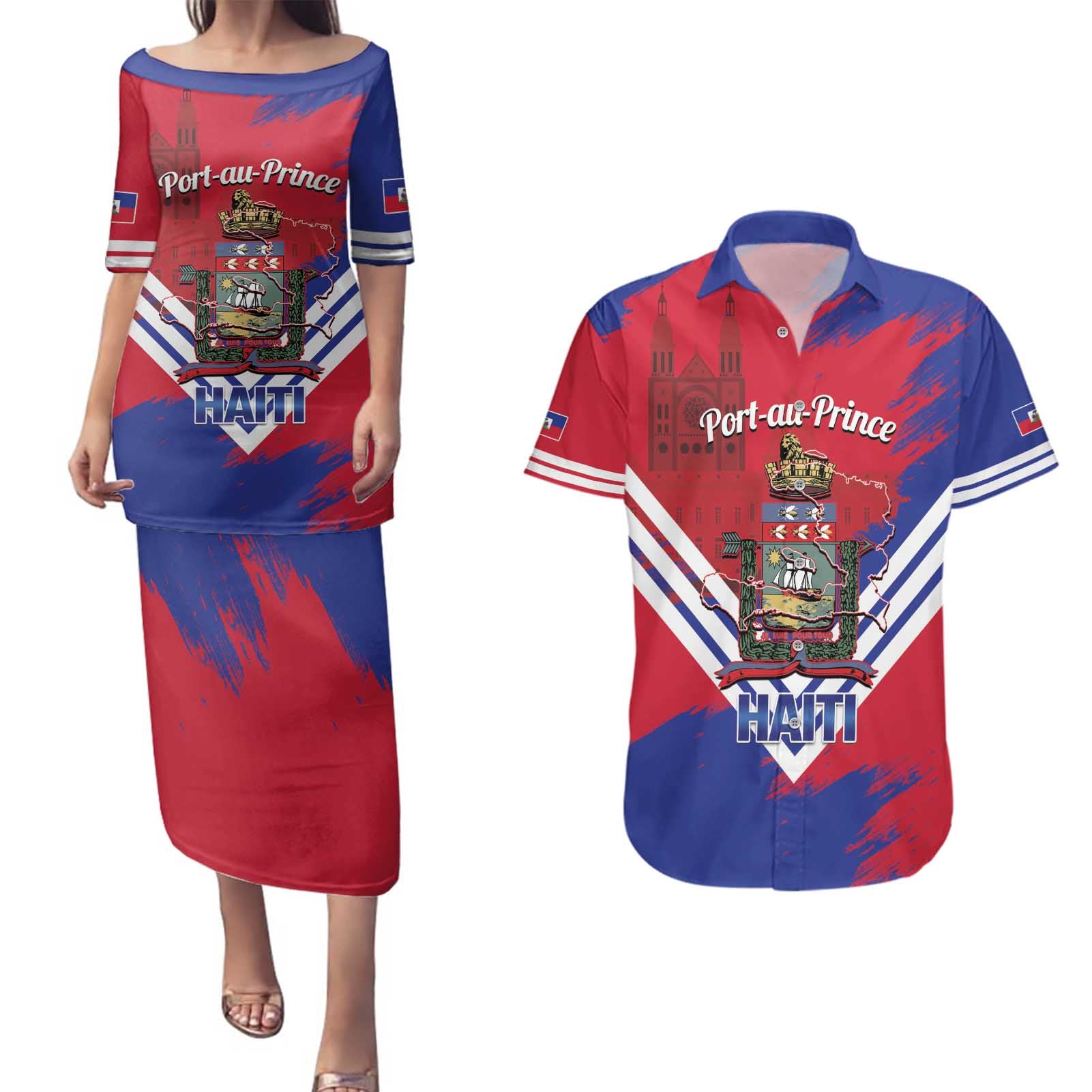 Port-au-Prince Haiti Couples Matching Puletasi and Hawaiian Shirt Potoprens Coat of arms Grunge Vibes