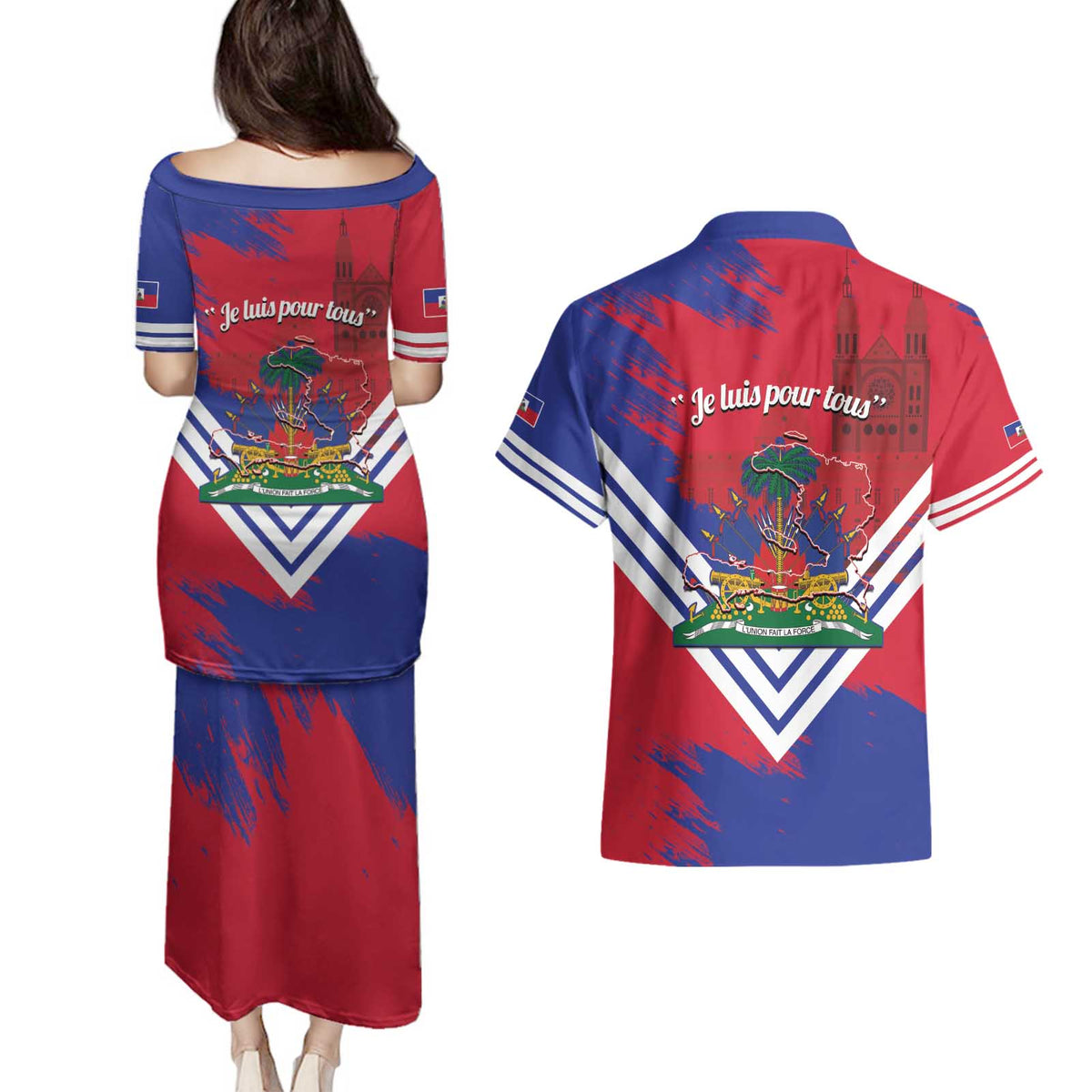 Port-au-Prince Haiti Couples Matching Puletasi and Hawaiian Shirt Potoprens Coat of arms Grunge Vibes