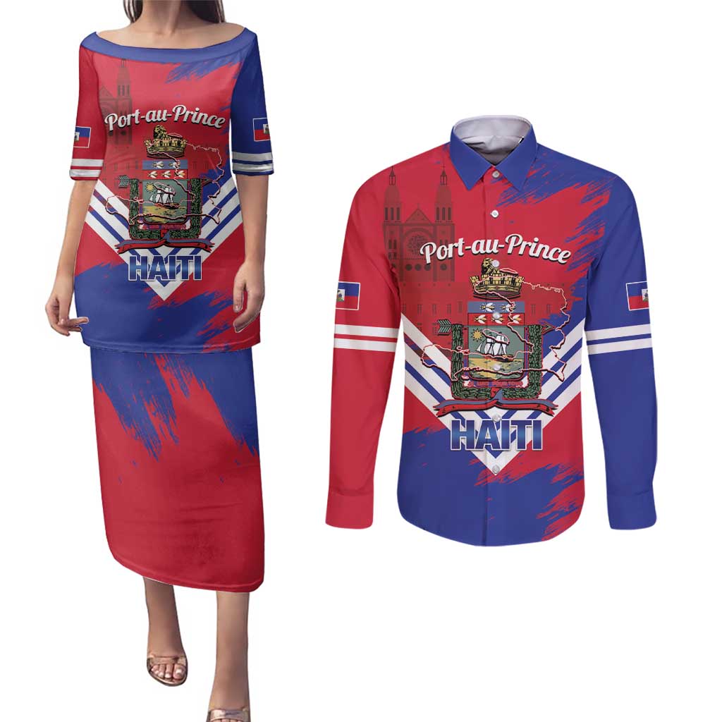 Port-au-Prince Haiti Couples Matching Puletasi and Long Sleeve Button Shirt Potoprens Coat of arms Grunge Vibes
