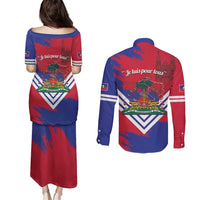Port-au-Prince Haiti Couples Matching Puletasi and Long Sleeve Button Shirt Potoprens Coat of arms Grunge Vibes