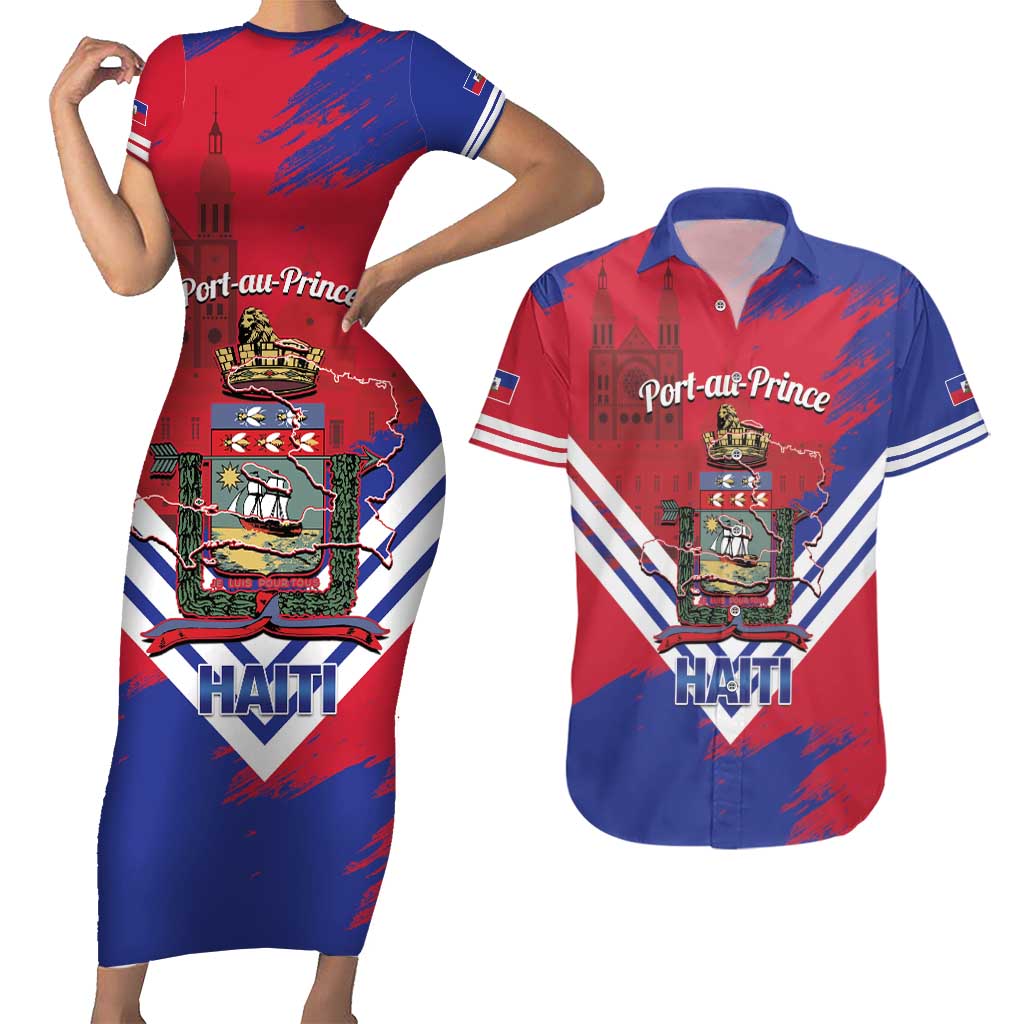 Port-au-Prince Haiti Couples Matching Short Sleeve Bodycon Dress and Hawaiian Shirt Potoprens Coat of arms Grunge Vibes