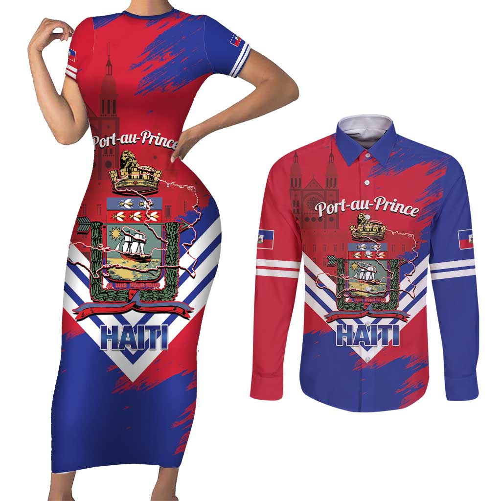 Port-au-Prince Haiti Couples Matching Short Sleeve Bodycon Dress and Long Sleeve Button Shirt Potoprens Coat of arms Grunge Vibes